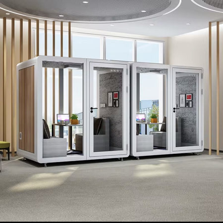 Sound Proof Mobile Office Pod Booth, Best for 4-6 People, Glass Door LED Lights, Includes Furniture & Table. Best for Private Meeting, Office, Phone Call, Piano, Study, Sleep & More (Large White)
