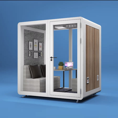 Sound Proof Mobile Office Pod Booth, Best for 4-6 People, Glass Door LED Lights, Includes Furniture & Table. Best for Private Meeting, Office, Phone Call, Piano, Study, Sleep & More (Large White)