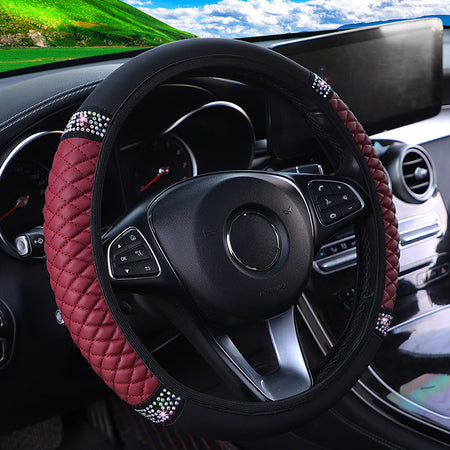 Leather Embroidered Three-dimensional Color Diamond-embedded Car Steering Wheel Cover Without Inner Ring