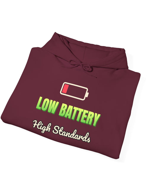 Load image into Gallery viewer, Low Battery, High Standards Funny Hoodie | Retro Graphic Hooded Sweatshirt | Sarcastic Gift
