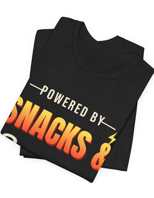 Load image into Gallery viewer, Powered by Snacks &amp; Sarcasm Funny T-Shirt | Retro Graphic Tee | Sarcastic Gift

