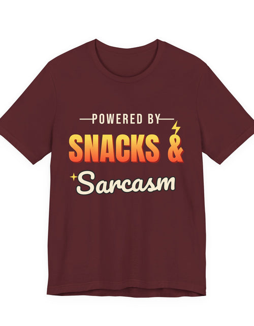 Load image into Gallery viewer, Powered by Snacks &amp; Sarcasm Funny T-Shirt | Retro Graphic Tee | Sarcastic Gift
