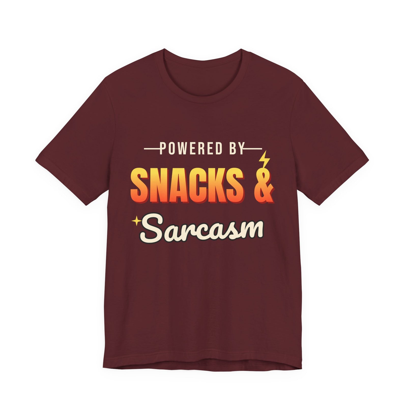 Powered by Snacks & Sarcasm Funny T-Shirt | Retro Graphic Tee | Sarcastic Gift