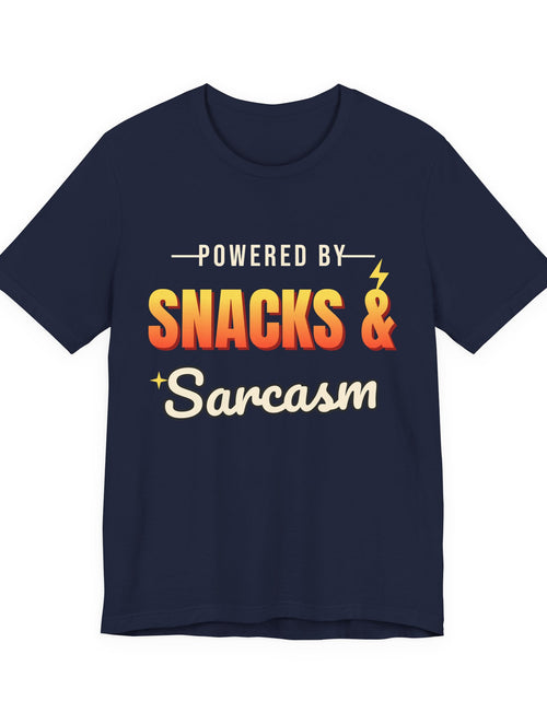 Load image into Gallery viewer, Powered by Snacks &amp; Sarcasm Funny T-Shirt | Retro Graphic Tee | Sarcastic Gift
