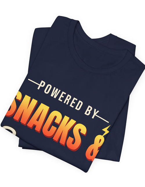 Load image into Gallery viewer, Powered by Snacks &amp; Sarcasm Funny T-Shirt | Retro Graphic Tee | Sarcastic Gift
