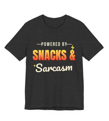 Powered by Snacks & Sarcasm Funny T-Shirt | Retro Graphic Tee | Sarcastic Gift