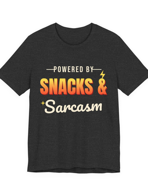 Load image into Gallery viewer, Powered by Snacks &amp; Sarcasm Funny T-Shirt | Retro Graphic Tee | Sarcastic Gift
