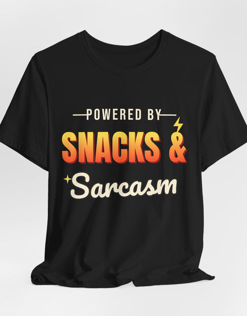 Load image into Gallery viewer, Powered by Snacks &amp; Sarcasm Funny T-Shirt | Retro Graphic Tee | Sarcastic Gift
