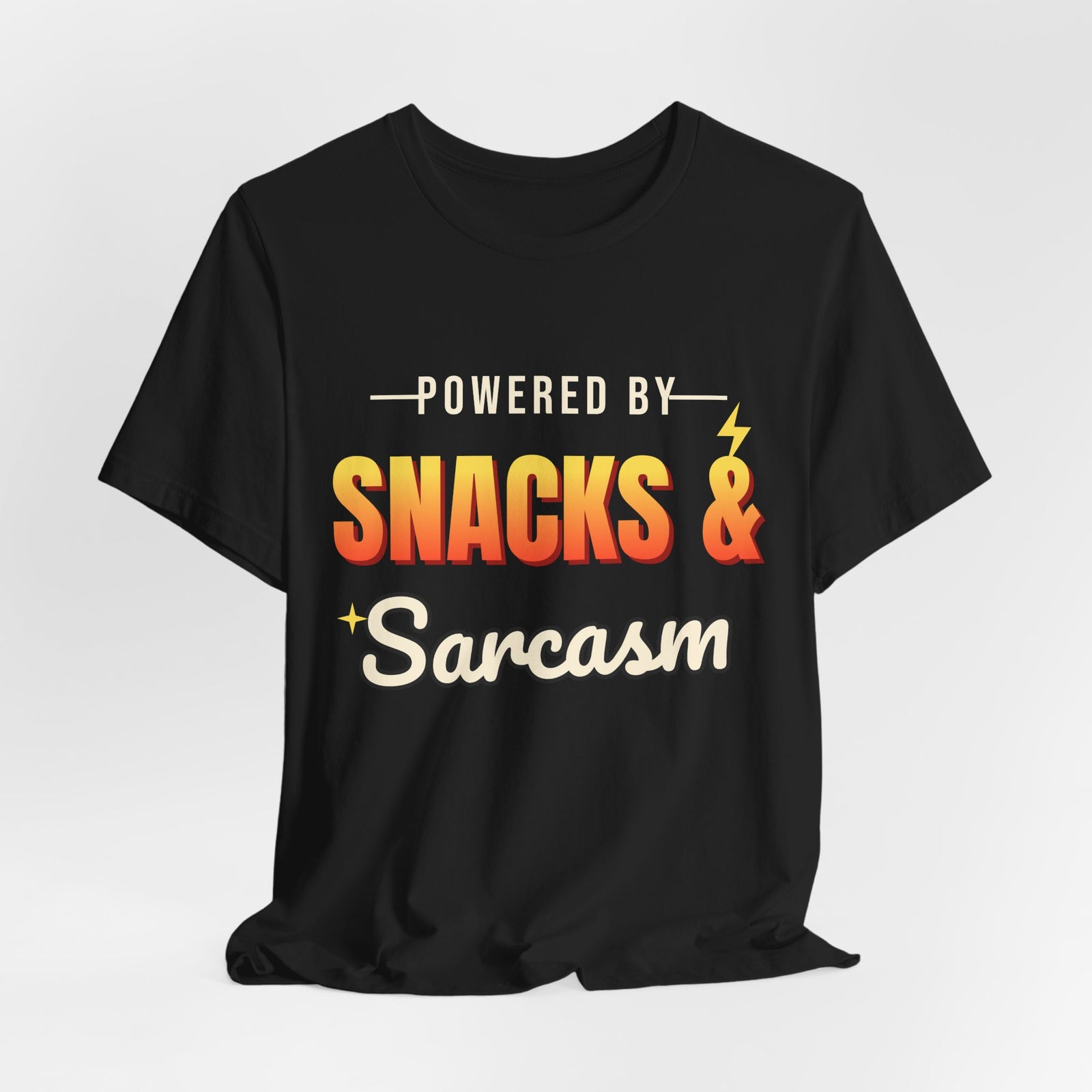 Powered by Snacks & Sarcasm Funny T-Shirt | Retro Graphic Tee | Sarcastic Gift