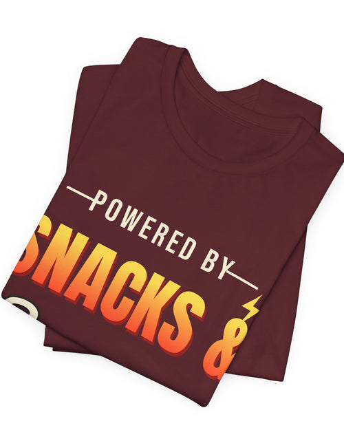 Load image into Gallery viewer, Powered by Snacks &amp; Sarcasm Funny T-Shirt | Retro Graphic Tee | Sarcastic Gift
