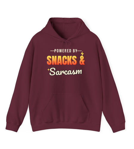 Powered by Snacks & Sarcasm Funny Hoodie | Retro Graphic Hooded Sweatshirt | Sarcastic Gift
