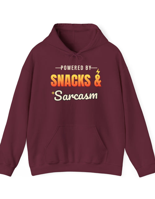Load image into Gallery viewer, Powered by Snacks &amp; Sarcasm Funny Hoodie | Retro Graphic Hooded Sweatshirt | Sarcastic Gift
