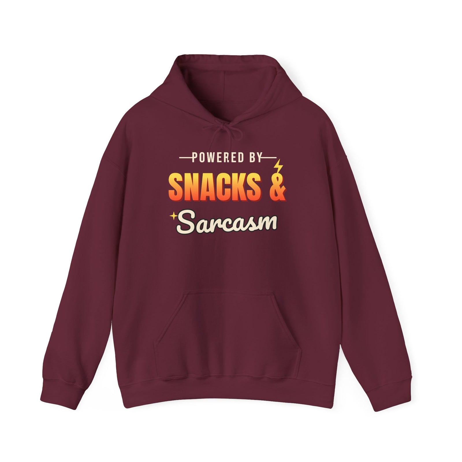 Powered by Snacks & Sarcasm Funny Hoodie | Retro Graphic Hooded Sweatshirt | Sarcastic Gift