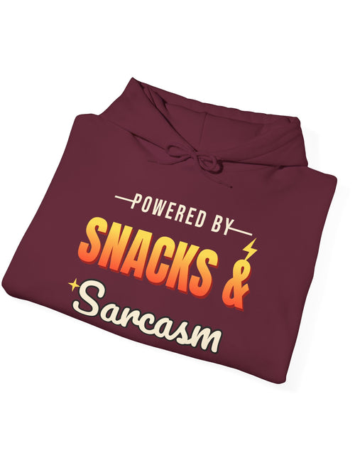 Load image into Gallery viewer, Powered by Snacks &amp; Sarcasm Funny Hoodie | Retro Graphic Hooded Sweatshirt | Sarcastic Gift
