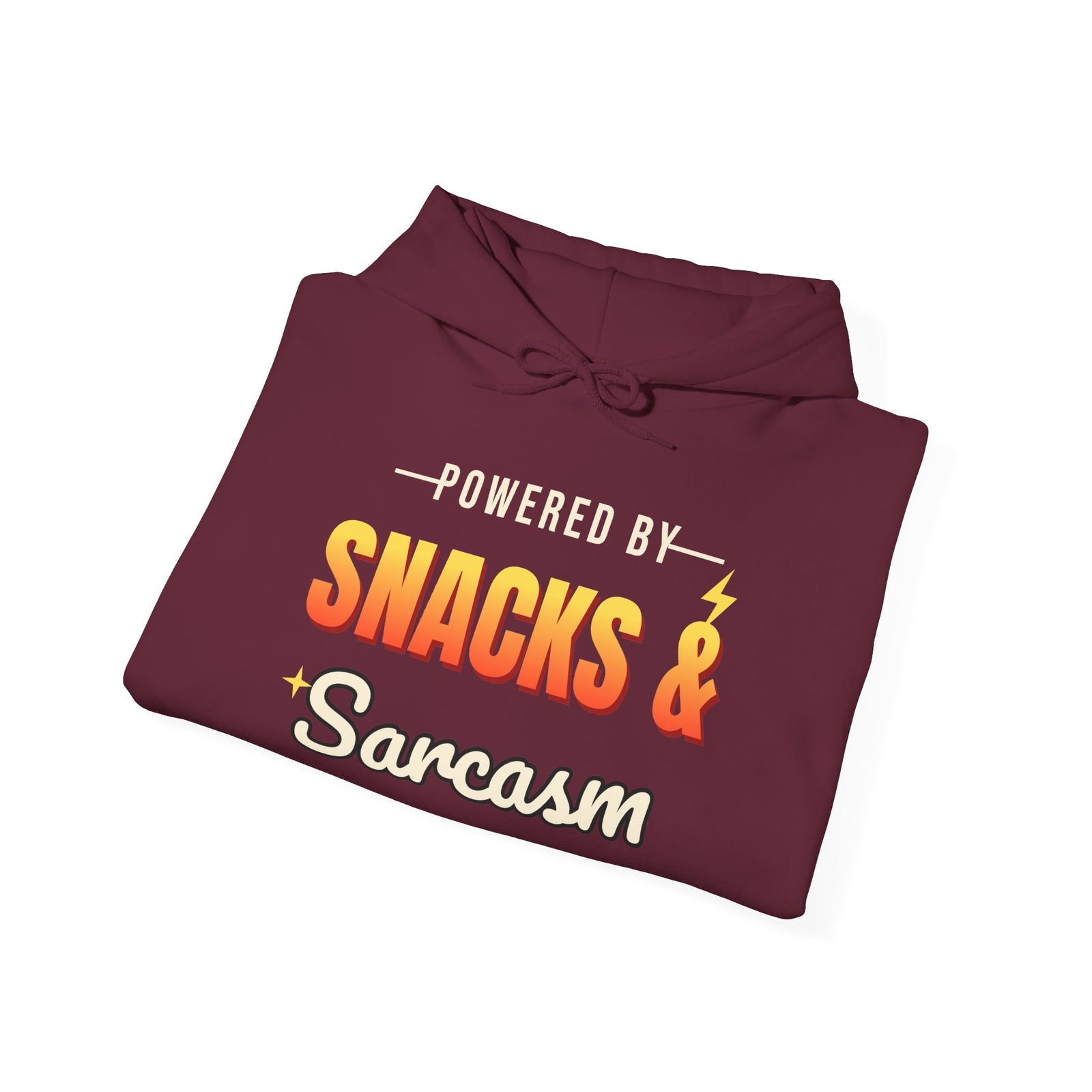 Powered by Snacks & Sarcasm Funny Hoodie | Retro Graphic Hooded Sweatshirt | Sarcastic Gift