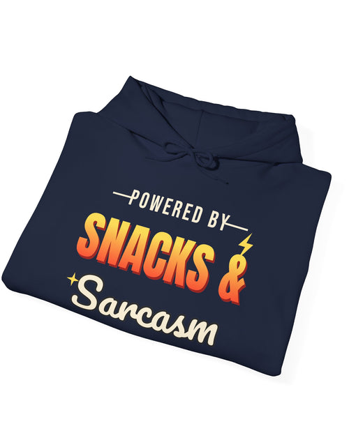 Load image into Gallery viewer, Powered by Snacks &amp; Sarcasm Funny Hoodie | Retro Graphic Hooded Sweatshirt | Sarcastic Gift
