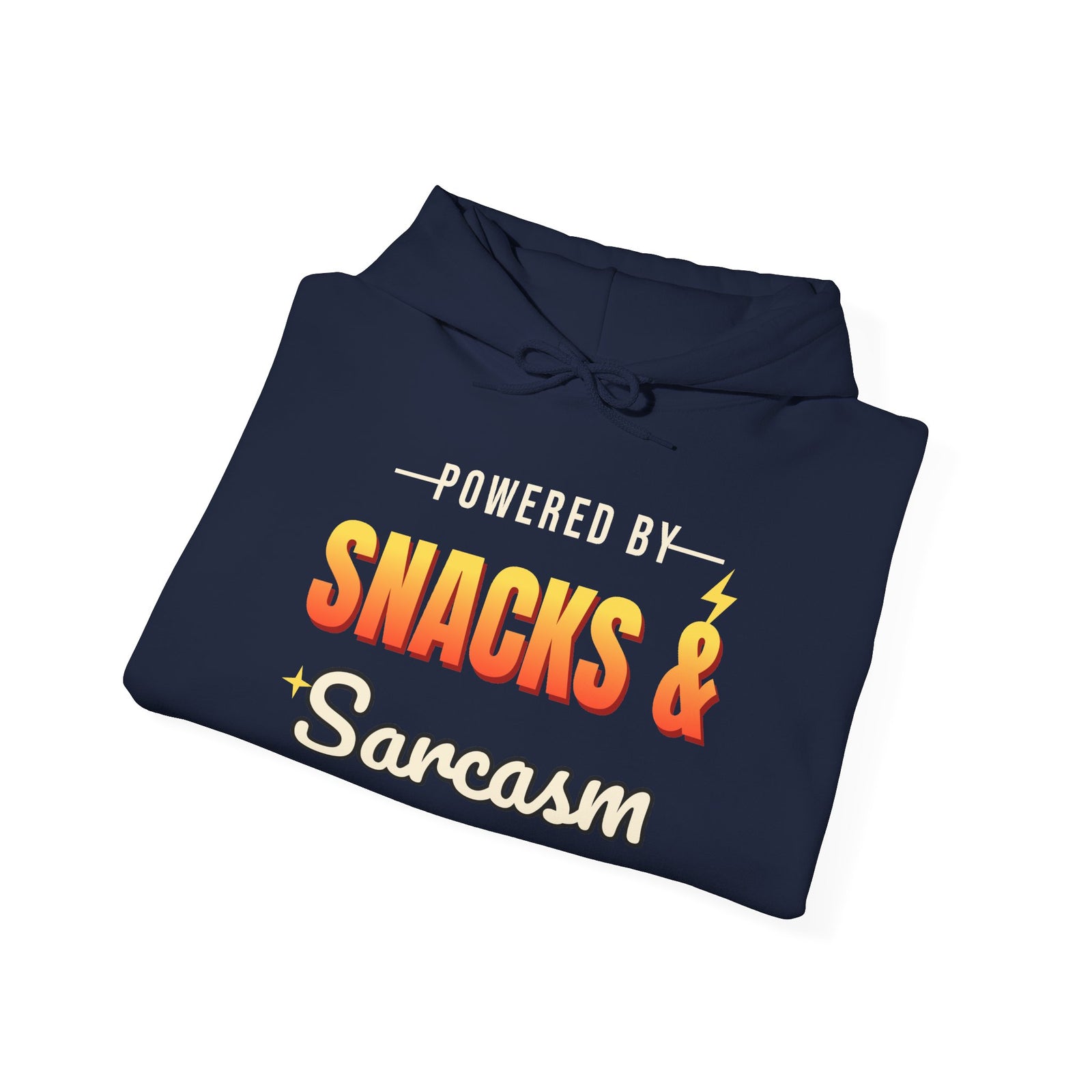 Powered by Snacks & Sarcasm Funny Hoodie | Retro Graphic Hooded Sweatshirt | Sarcastic Gift
