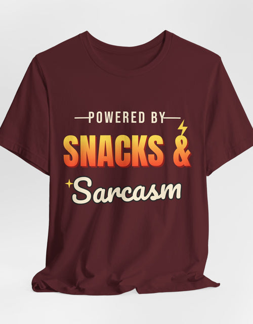 Load image into Gallery viewer, Powered by Snacks &amp; Sarcasm Funny T-Shirt | Retro Graphic Tee | Sarcastic Gift
