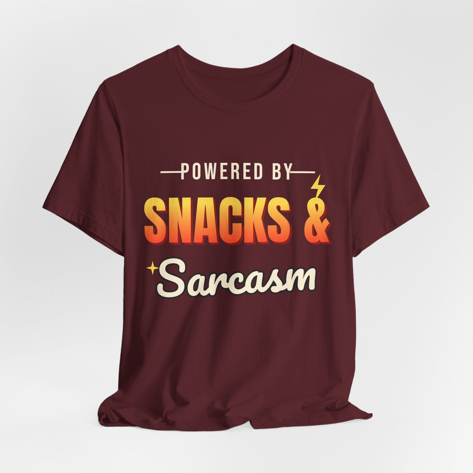 Powered by Snacks & Sarcasm Funny T-Shirt | Retro Graphic Tee | Sarcastic Gift