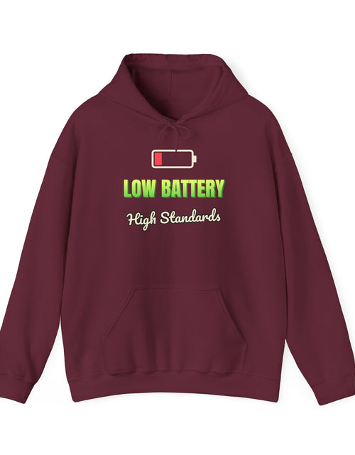 Load image into Gallery viewer, Low Battery, High Standards Funny Hoodie | Retro Graphic Hooded Sweatshirt | Sarcastic Gift
