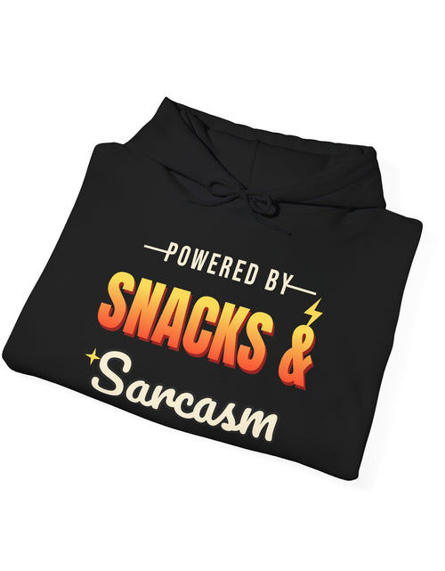 Load image into Gallery viewer, Powered by Snacks &amp; Sarcasm Funny Hoodie | Retro Graphic Hooded Sweatshirt | Sarcastic Gift
