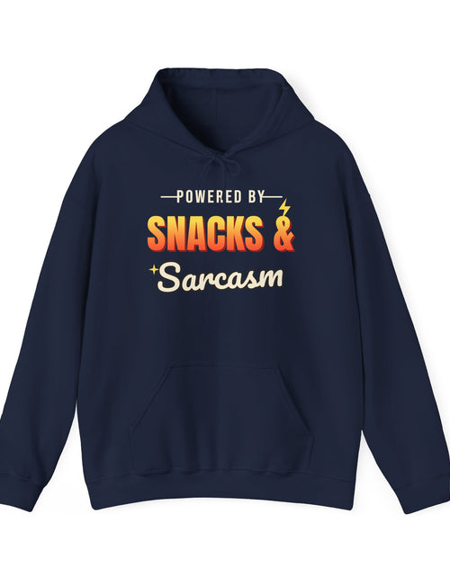 Load image into Gallery viewer, Powered by Snacks &amp; Sarcasm Funny Hoodie | Retro Graphic Hooded Sweatshirt | Sarcastic Gift
