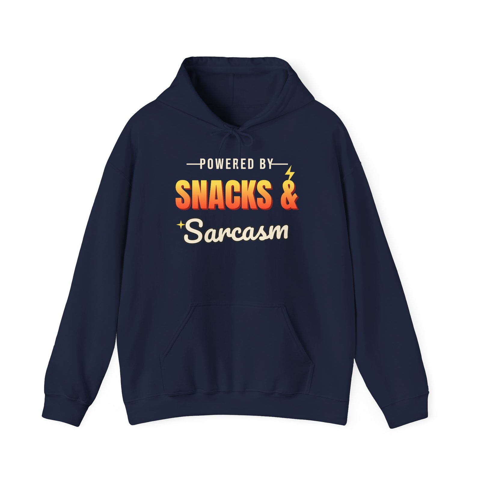 Powered by Snacks & Sarcasm Funny Hoodie | Retro Graphic Hooded Sweatshirt | Sarcastic Gift