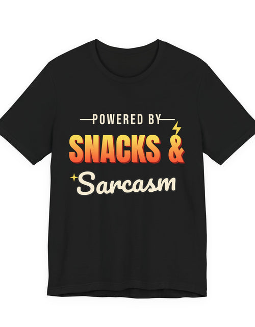 Load image into Gallery viewer, Powered by Snacks &amp; Sarcasm Funny T-Shirt | Retro Graphic Tee | Sarcastic Gift
