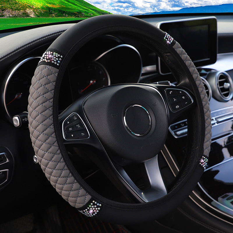 Leather Embroidered Three-dimensional Color Diamond-embedded Car Steering Wheel Cover Without Inner Ring