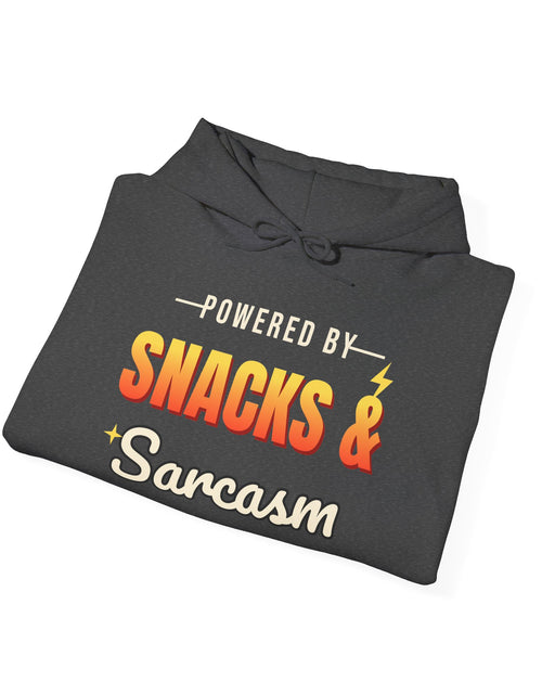 Load image into Gallery viewer, Powered by Snacks &amp; Sarcasm Funny Hoodie | Retro Graphic Hooded Sweatshirt | Sarcastic Gift
