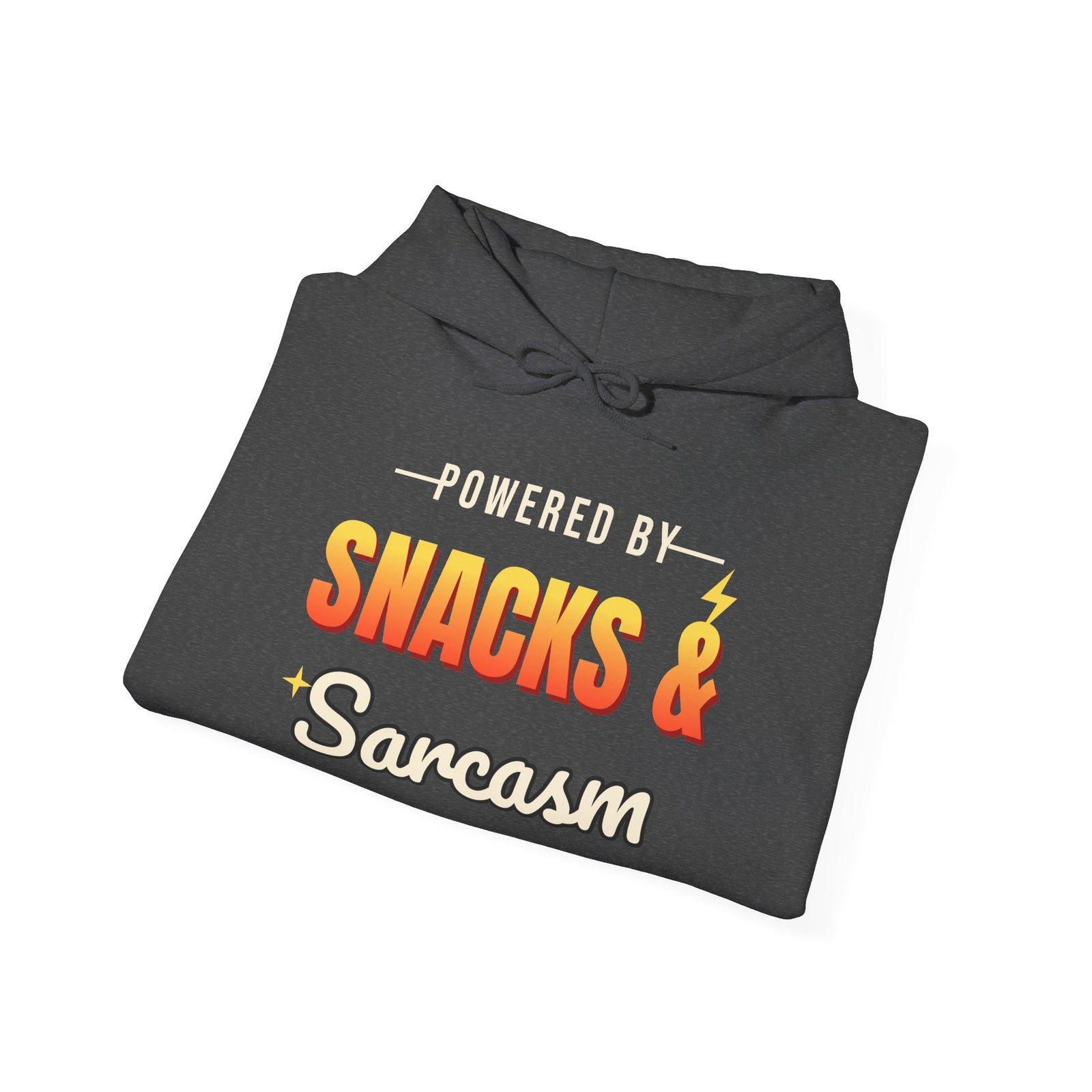 Powered by Snacks & Sarcasm Funny Hoodie | Retro Graphic Hooded Sweatshirt | Sarcastic Gift
