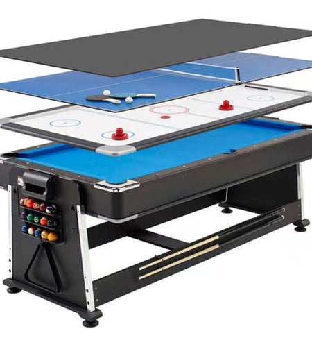 3-in-1 Convertible Pool Table, 7 Ft, Black, Indoor Outdoor Gaming Table with Air Hockey, Table Tennis, Billiards, Portable Design with No Wheels