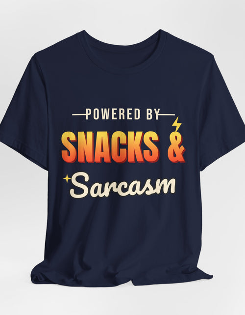 Load image into Gallery viewer, Powered by Snacks &amp; Sarcasm Funny T-Shirt | Retro Graphic Tee | Sarcastic Gift
