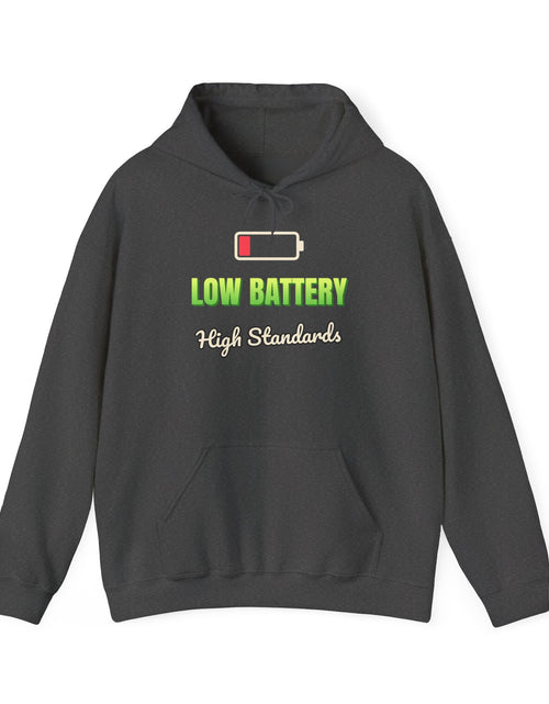 Load image into Gallery viewer, Low Battery, High Standards Funny Hoodie | Retro Graphic Hooded Sweatshirt | Sarcastic Gift
