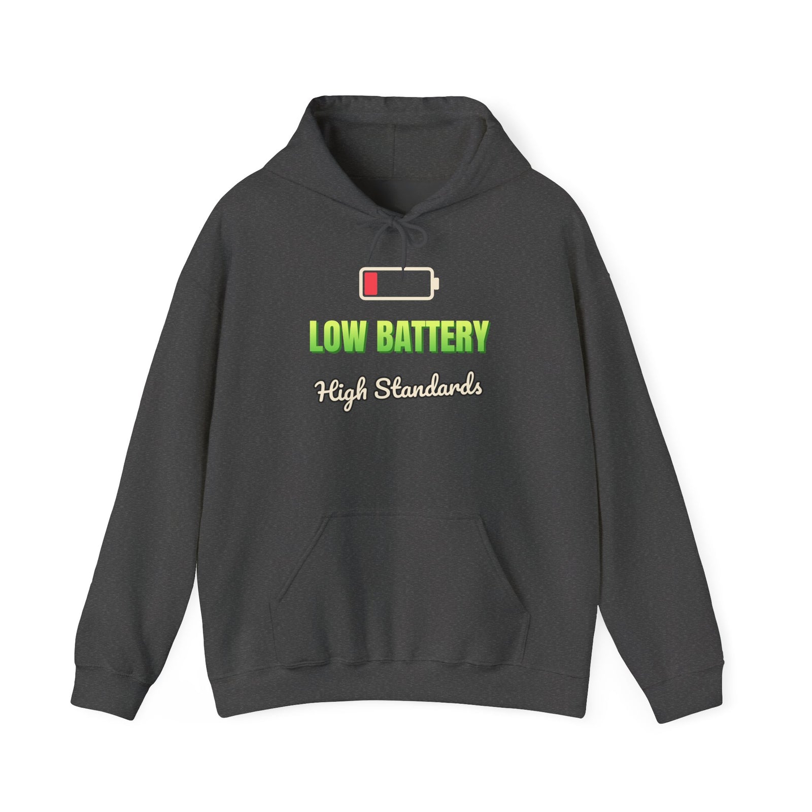 Low Battery, High Standards Funny Hoodie | Retro Graphic Hooded Sweatshirt | Sarcastic Gift