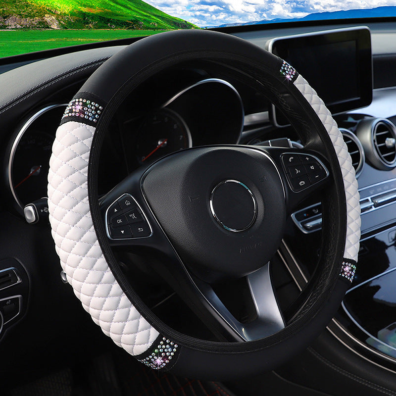 Leather Embroidered Three-dimensional Color Diamond-embedded Car Steering Wheel Cover Without Inner Ring