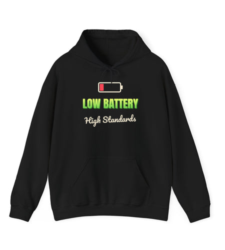 Low Battery, High Standards Funny Hoodie | Retro Graphic Hooded Sweatshirt | Sarcastic Gift