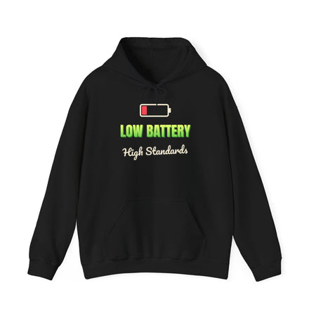 Low Battery, High Standards Funny Hoodie | Retro Graphic Hooded Sweatshirt | Sarcastic Gift