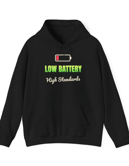 Load image into Gallery viewer, Low Battery, High Standards Funny Hoodie | Retro Graphic Hooded Sweatshirt | Sarcastic Gift
