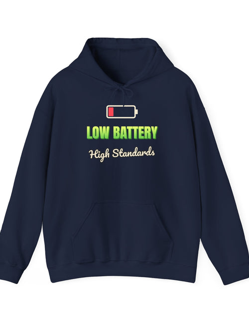 Load image into Gallery viewer, Low Battery, High Standards Funny Hoodie | Retro Graphic Hooded Sweatshirt | Sarcastic Gift
