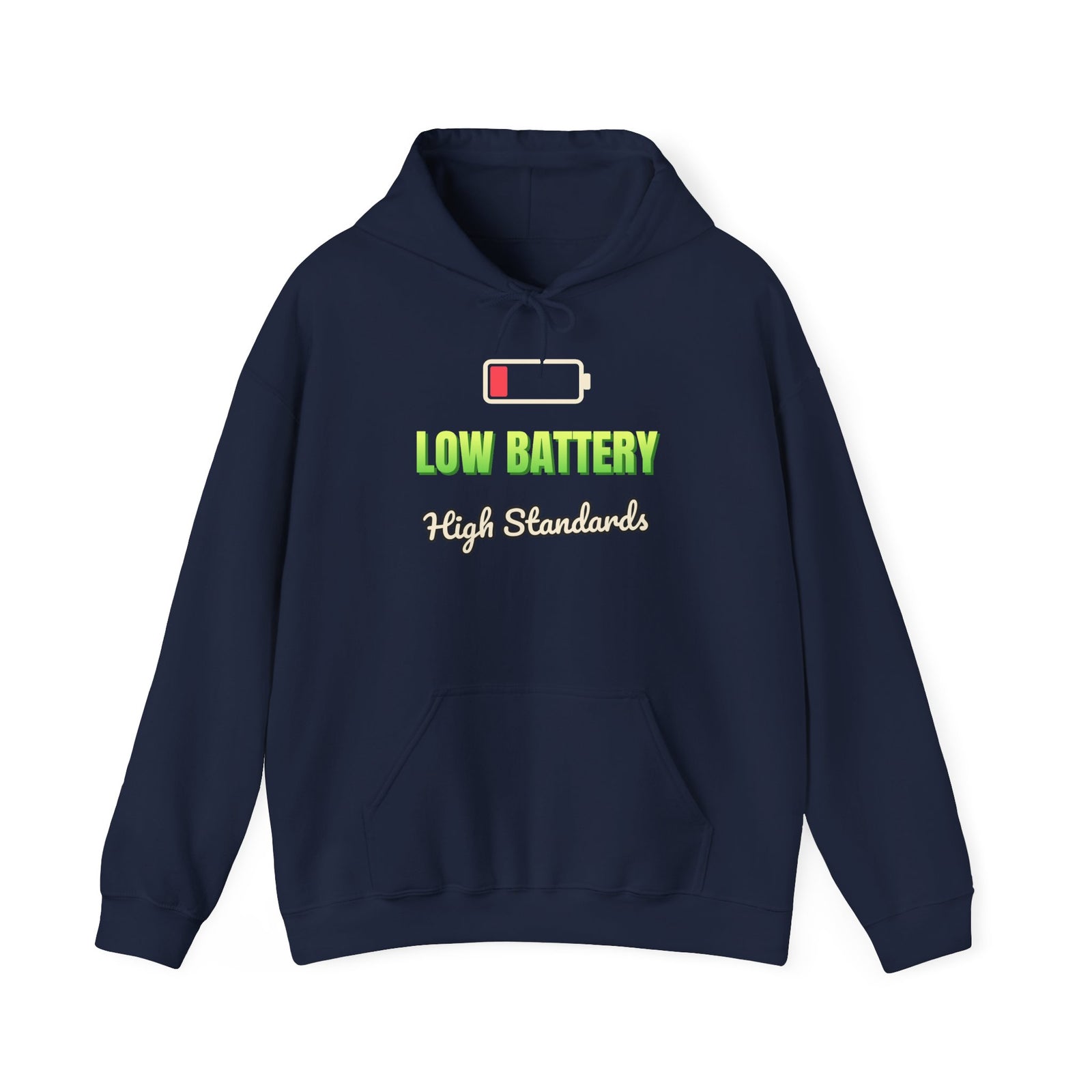 Low Battery, High Standards Funny Hoodie | Retro Graphic Hooded Sweatshirt | Sarcastic Gift