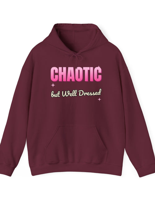Load image into Gallery viewer, Chaotic but Well Dressed Funny Hoodie | Retro Graphic Hooded Sweatshirt | Sarcastic Gift
