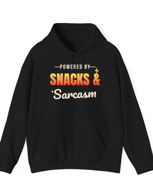 Load image into Gallery viewer, Powered by Snacks &amp; Sarcasm Funny Hoodie | Retro Graphic Hooded Sweatshirt | Sarcastic Gift
