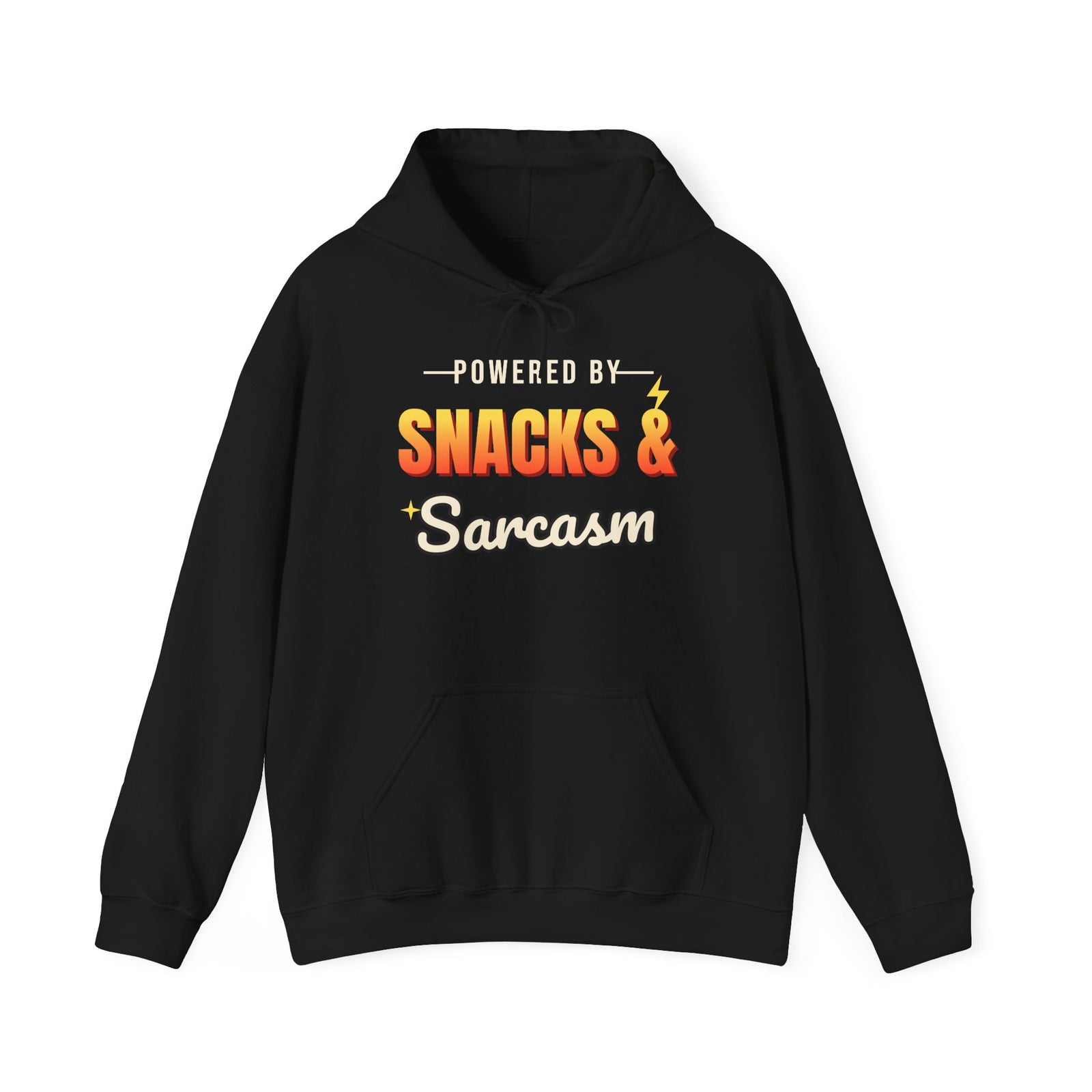 Powered by Snacks & Sarcasm Funny Hoodie | Retro Graphic Hooded Sweatshirt | Sarcastic Gift