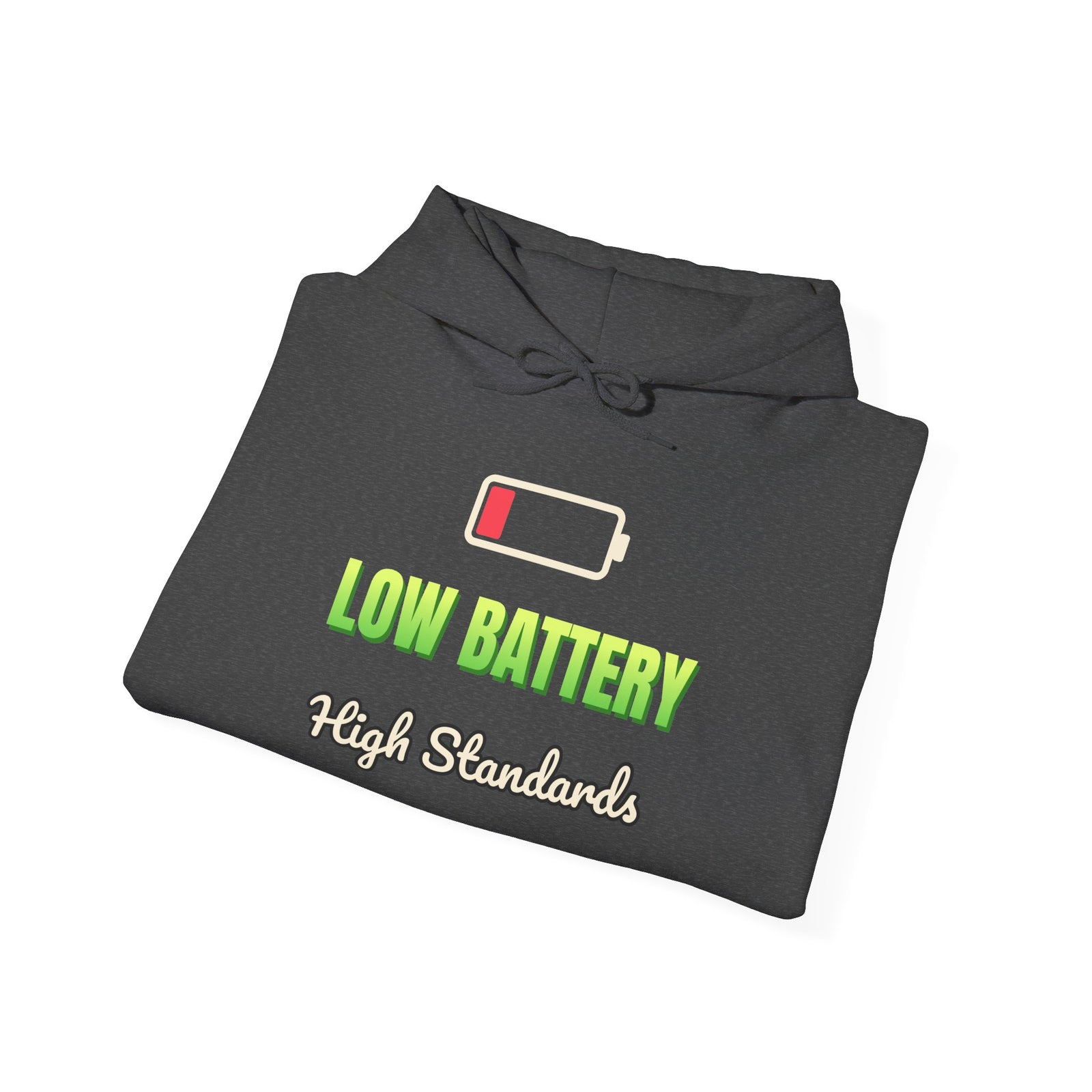 Low Battery, High Standards Funny Hoodie | Retro Graphic Hooded Sweatshirt | Sarcastic Gift