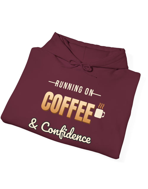 Load image into Gallery viewer, Running on Coffee &amp; Confidence Funny Hoodie | Retro Graphic Hooded Sweatshirt | Sarcastic Gift

