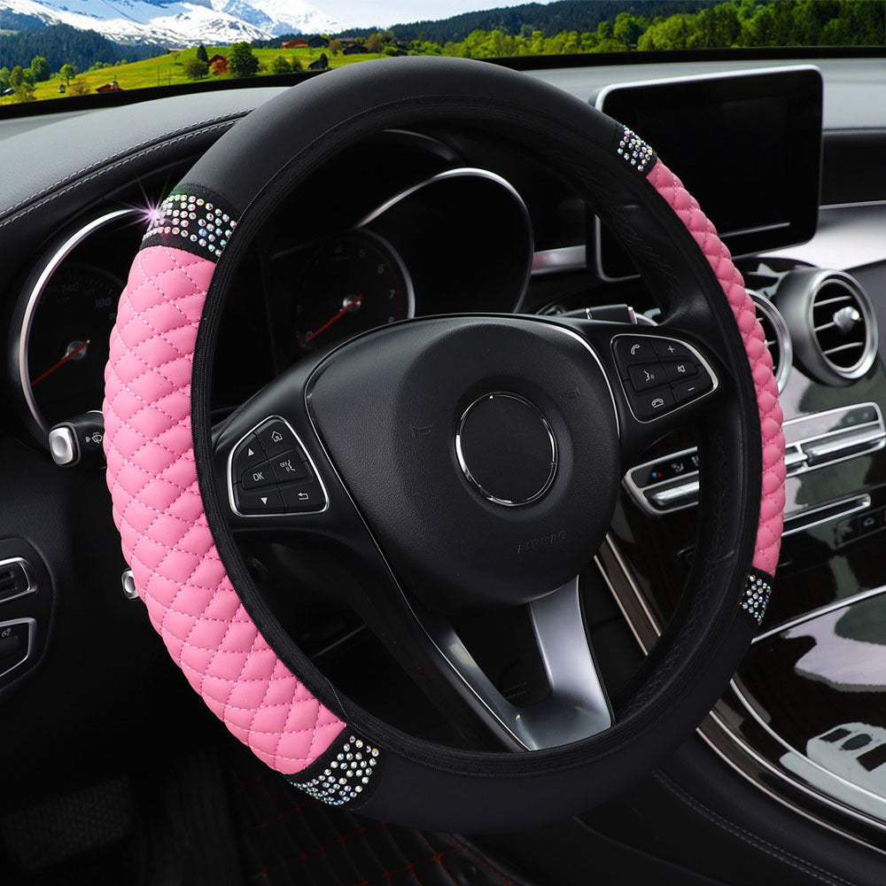 Leather Embroidered Three-dimensional Color Diamond-embedded Car Steering Wheel Cover Without Inner Ring