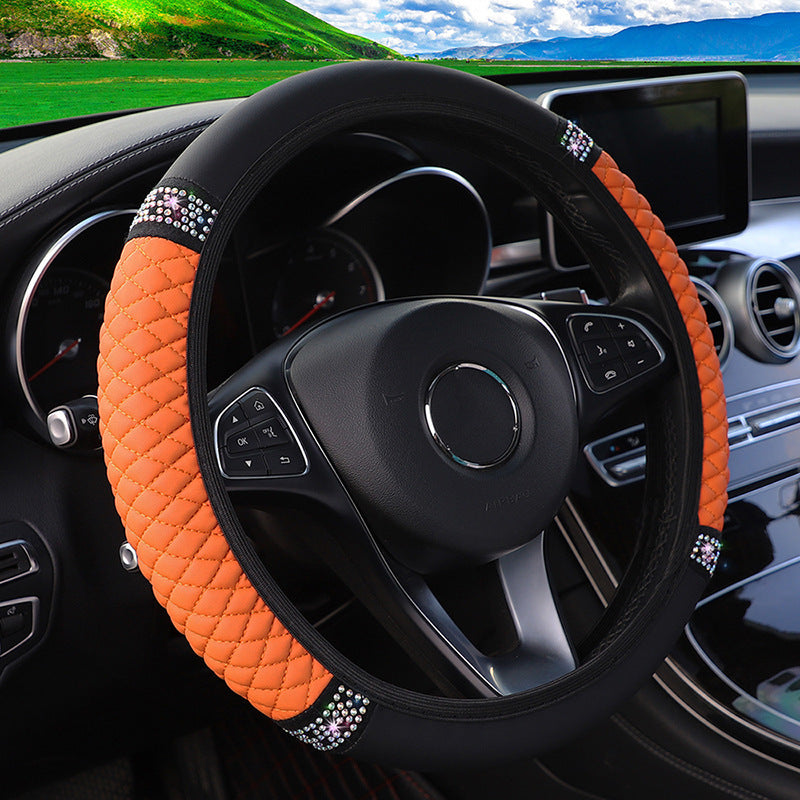 Leather Embroidered Three-dimensional Color Diamond-embedded Car Steering Wheel Cover Without Inner Ring