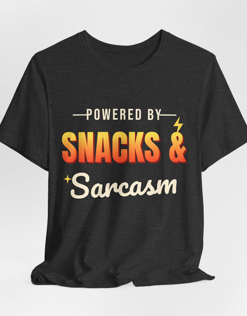 Load image into Gallery viewer, Powered by Snacks &amp; Sarcasm Funny T-Shirt | Retro Graphic Tee | Sarcastic Gift
