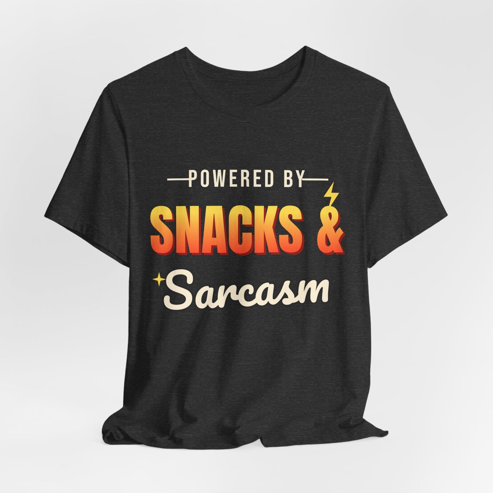 Powered by Snacks & Sarcasm Funny T-Shirt | Retro Graphic Tee | Sarcastic Gift